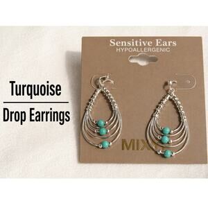 Mix It Turquoise Color Bead Drop Earrings Multi Hoop Dangle Boho Silver Tone